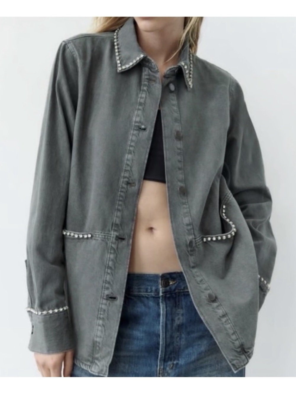 Zara Gray Denim Utility Jacket Studded Embellished Chore Jacket Crystal Detail